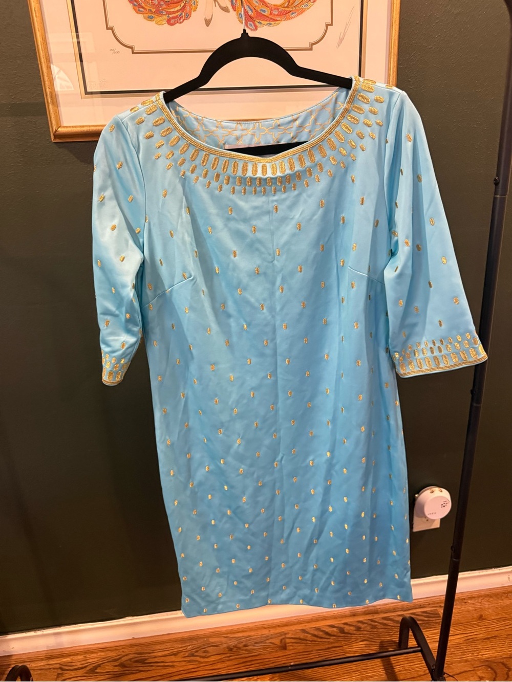 Gretchen Scott Designs Light Blue Mini Dress with Gold Embellishment